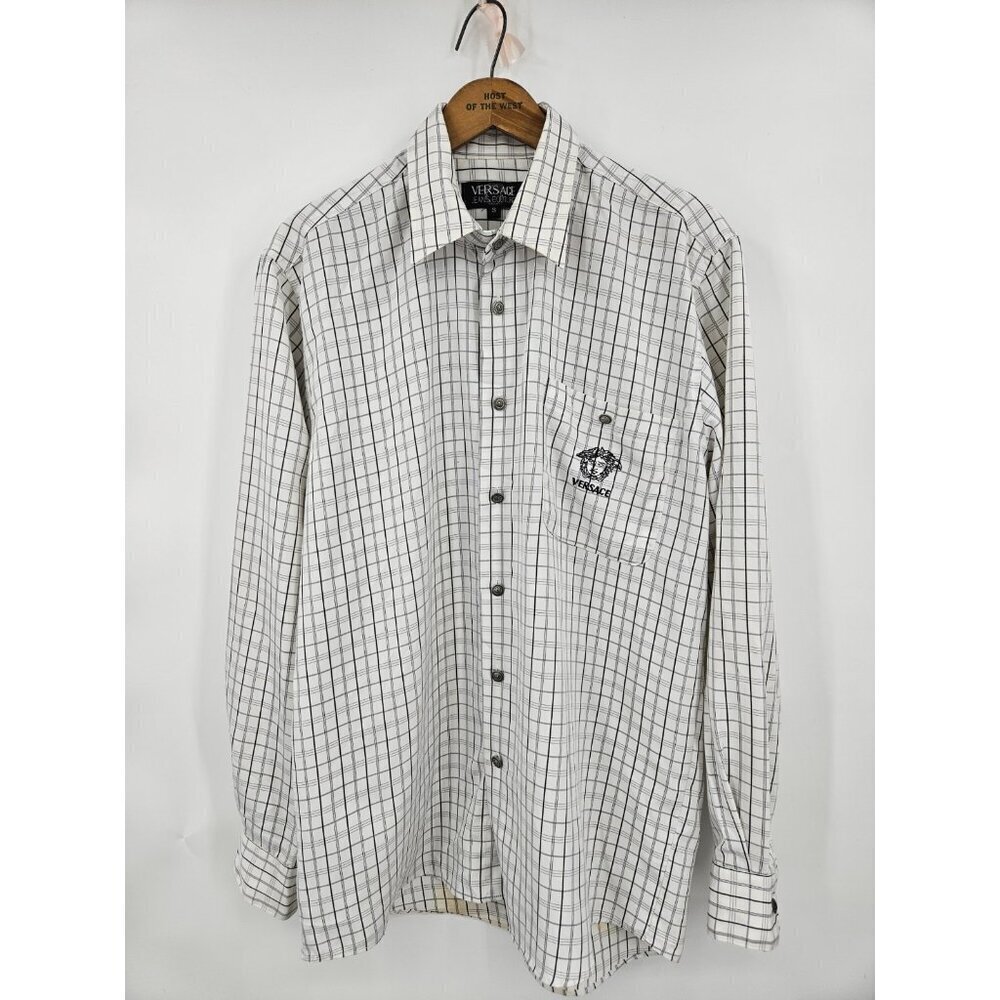 VTG Versace Jeans Couture Dress Shirt Mens S Black White Medusa Head Buttons